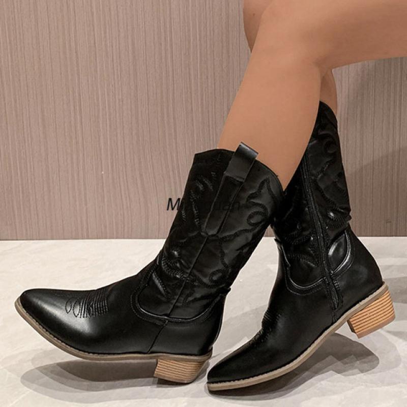 Gold Mid-calf Boots Woman Side Zipper Silver Pointed Western Cowboy Boots Retro Fashion Black Boots Plus Size 36-43 Women Boots