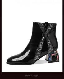 Chunky Heel Chelsea Boots Crystal Zipper Leather Party Brand High Heels Winter New 2023 Sexy Black Non-slip Classic Botas Mujer