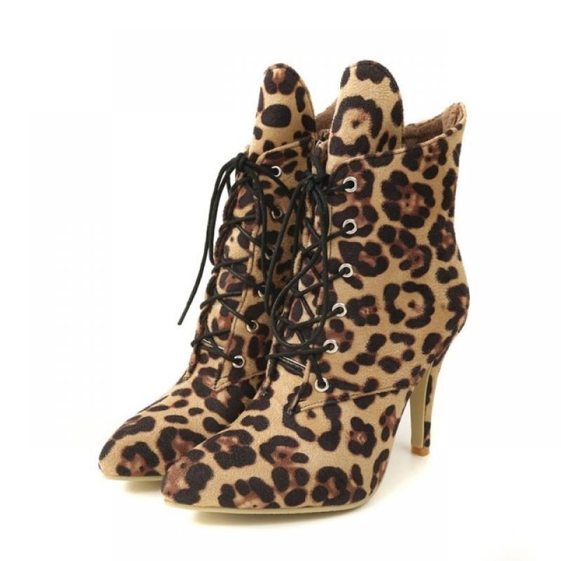 Big Size 9 10 11-15 boots women shoes ankle boots for women ladies boots Leopard print willow cross strap side zipper