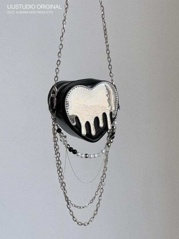 Y2K Vintage Korean Cute Peach Heart Shoulder Mini Headsets Bag Ladies Lipstick Chain Crossbody Bags Zip Purses Handbags Women