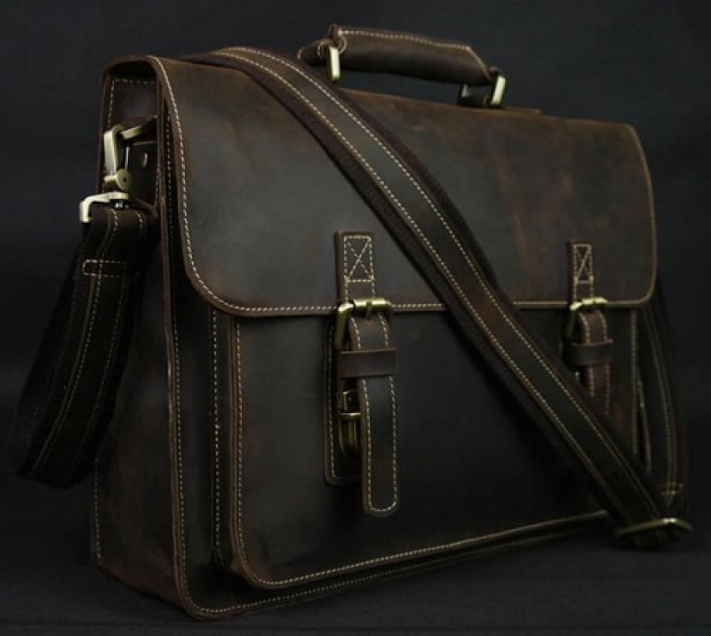 Vintage Crazy Horse Leather Men Briefcase 15" Laptop Bag Work Business Bag Genuine Leather Briefcase Men Shoulder Bag Crossbody