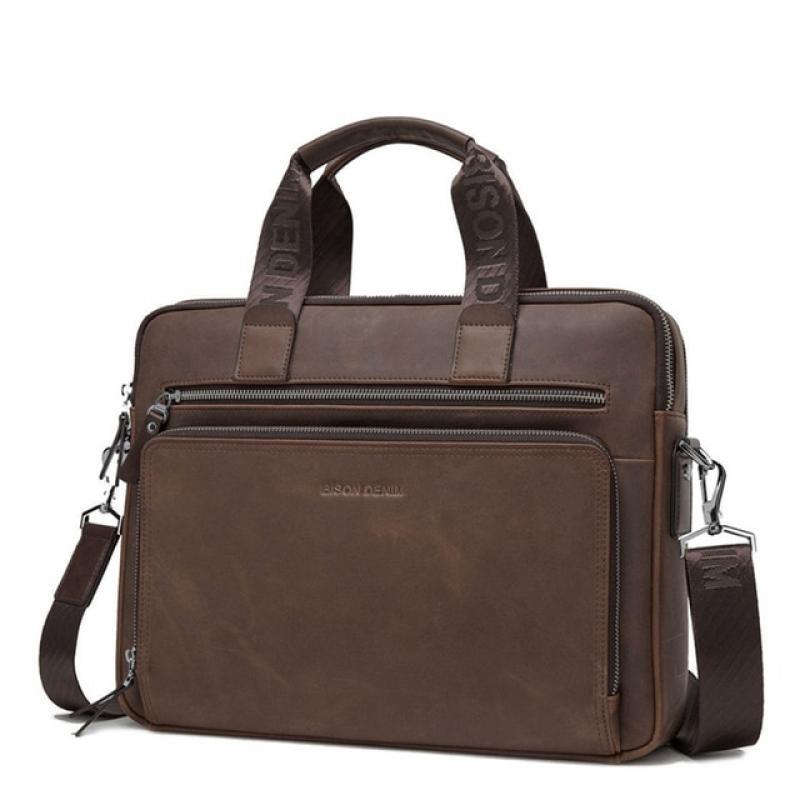 BISON DENIM Men Bag Genuine Leather Briefcases14" Laptop Bag Men's Business Crossbody Bag Messenger/Shoulder Bag For Man N2333-3