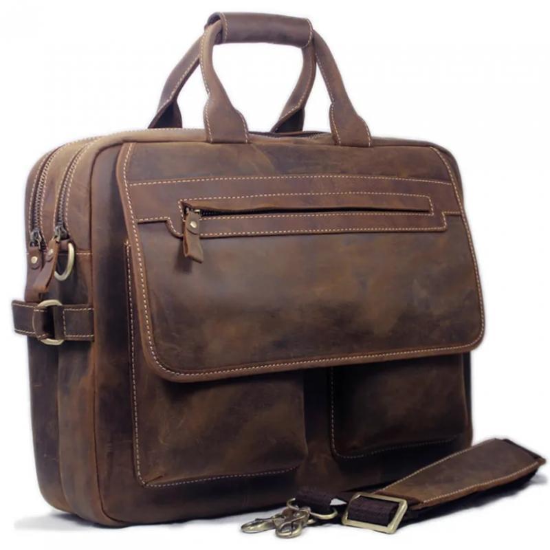 Vintage Men Leather Briefcase Tote Business bag Crazy Horse Genuine Leather portfolio men briefcase male 15" laptop bag office