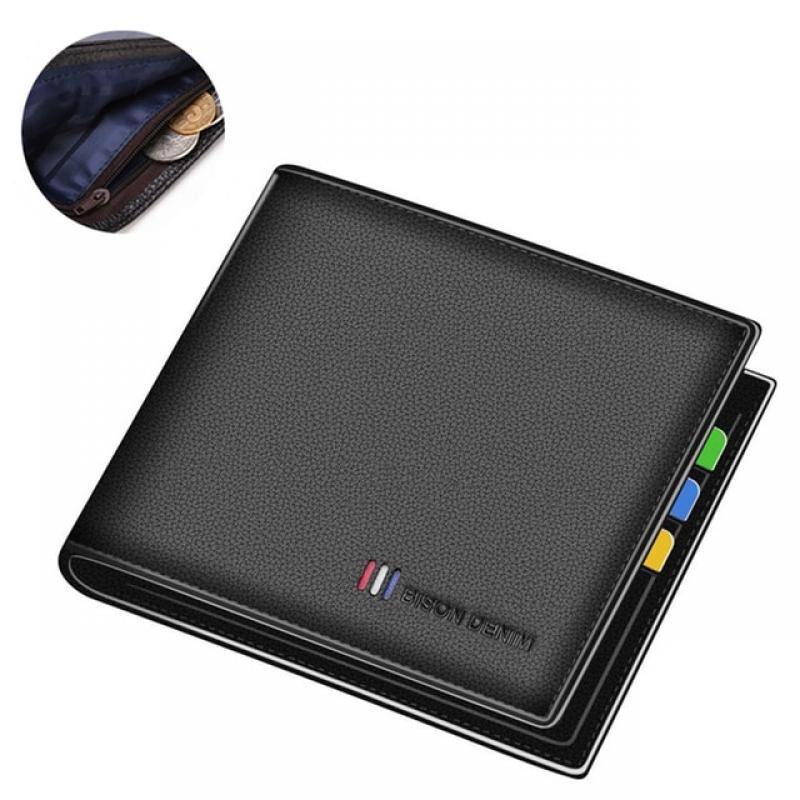 BISON DENIM 100% Cow Leather Small Wallet Men Bifold Credit Card Holder Wallet RFID Blocking Purse Best Gift Male Pocket Bag