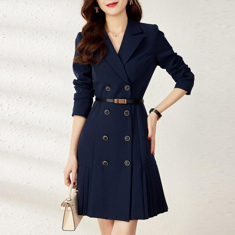 2023 Spring and Autumn New Women's High-grade Feeling Temperament Suit Dress Long Sleeve Waist Show Thin 100 Pleated Pink Dress