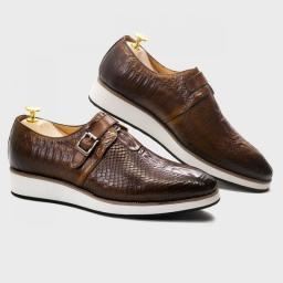 Mens Casual Shoes Genuine Leather Crocodile Pattern Classic Shoe For Men Leather Original Fashion Buckle Monk Strap Sneakers