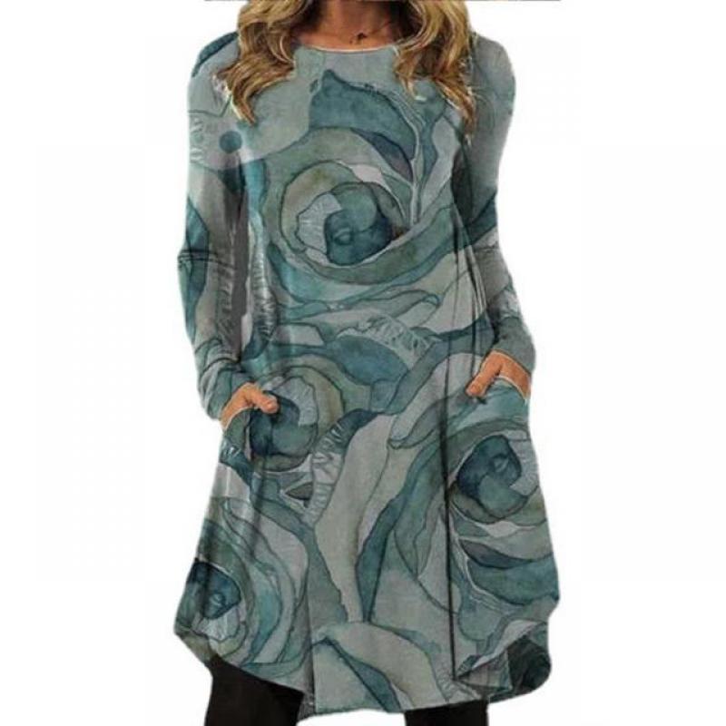Women Loose Vintage Ruffles Pocket Winter Dress 5XL Printed Full Long Sleeve Spring Boho Casual Party Dresses
