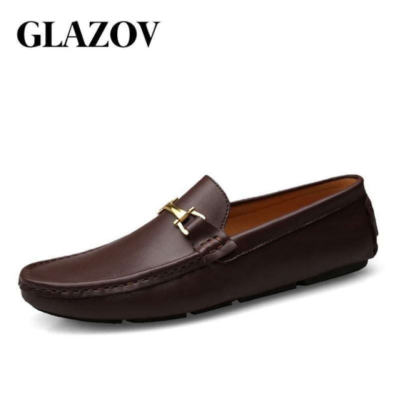 GLAZOV Italian Mens Shoes Casual Brands Slip On Formal Luxury Shoes Men Loafers Moccasins Genuine Leather Brown Driving Shoes
