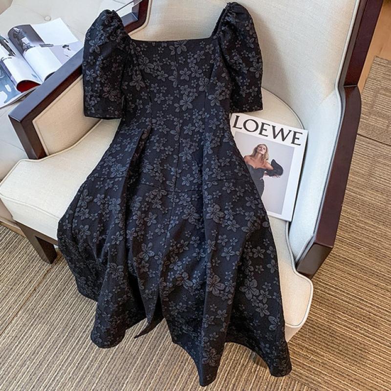 Black Fairy Floral Lace  Dress Women 2023 Summer Puff Sleeve Retro Mini Dresses Female Korean Fashion Slim Fit Cute Party Dress