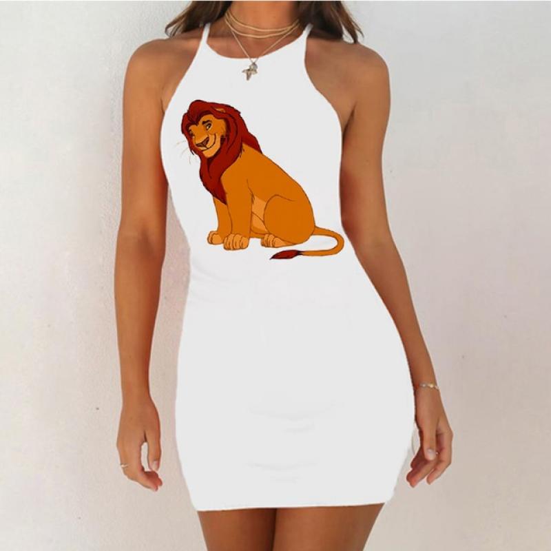 Sexy Fashion Disney Lion King Cartoon Print 90s Dress Harajuku Summer Streetwear Dresses Casual Women Clothing Sleeveless White