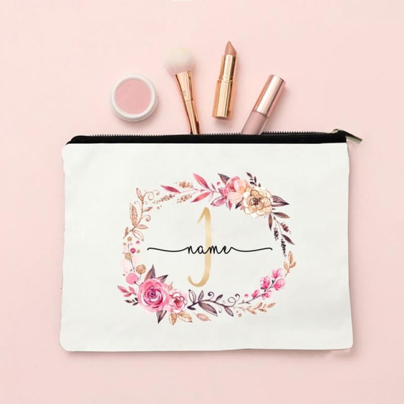 Personalized Initial with Name Makeup Bag Bridal Cosmetic Case Canvas Monogram Toiletry Pouch Birthday Wedding Bridesmaid Gifts