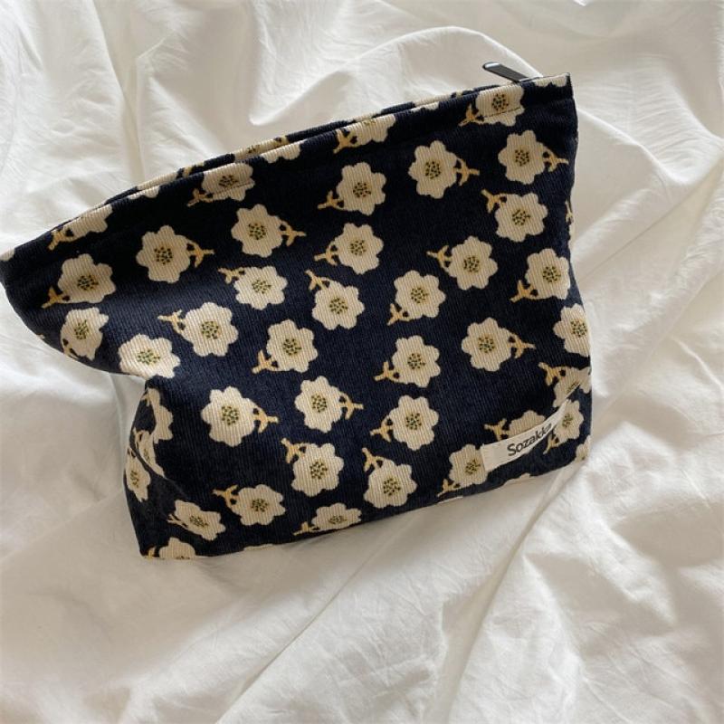 Women Corduroy Plaid Flowers Cosmetic Lipsticks Bag Korean Student Pencil Case Travel Makeup Brushes Bag Neceser Organizer Bags
