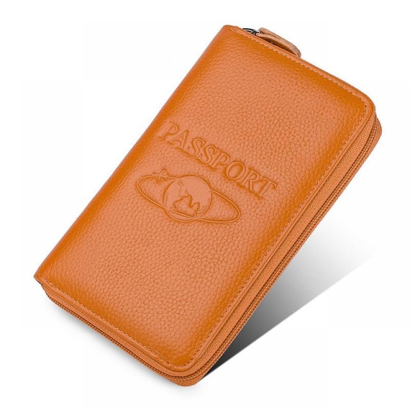 Long Zipper Genuine Leather Passport Travel Wallet Card Holder for Men and Women Credit Card ID Badge Holder RFID Clutch Bag
