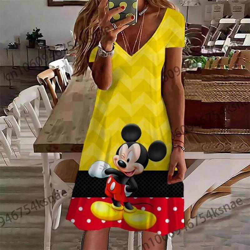 Disney   V Neck Women's Shirts for Summer Dress 2022 New Hit Korean Style Dress Women Elegant Luxury Mickey Casual Dresses Skirt