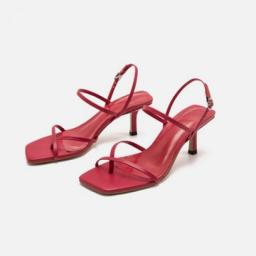Women's Sandals Narrow Band Belt Buckle Black White Solid Color Ladies Square Heel Sandals Office Lady Square Toe Female Shoes
