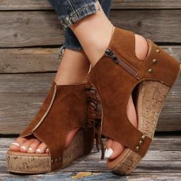 Tassel New Rivet Wedge Heel Fish Mouth Sandals For Women In Europe And America Large Heel Women's Shoes 2023