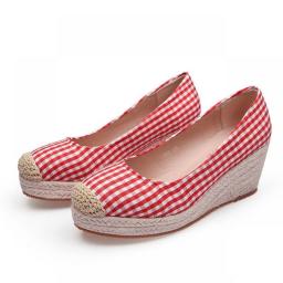 2023 Fashion Wedges Heels Shoes Women Canvas Footwear Spring Summer Casual Women Shoes Plaid Ladies Wedge Heel 7cm A4247