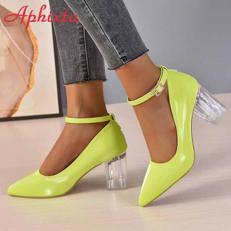 Aphixta 2023 New Luxury Rhinestone Pearl Chain 7cm Chunky Heels Pumps Women Shoes String Bead Pointed Toe Bling Crystals Pumps