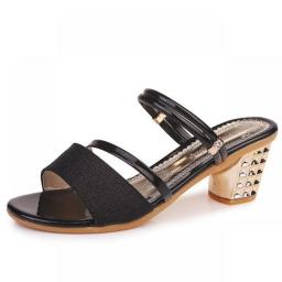2023 New Fashion Gold Women Shoes Slippers Sliver Summer High Heels Low Block Square Middle Heel Shoe Fashion Female Sandals