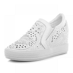 Fujin Full Cow Genuine Leather 7.5cm Women Summer Shoes Wedge Sneakers Platform High Heel Hollow Breathable Slipon Sneakers Pump