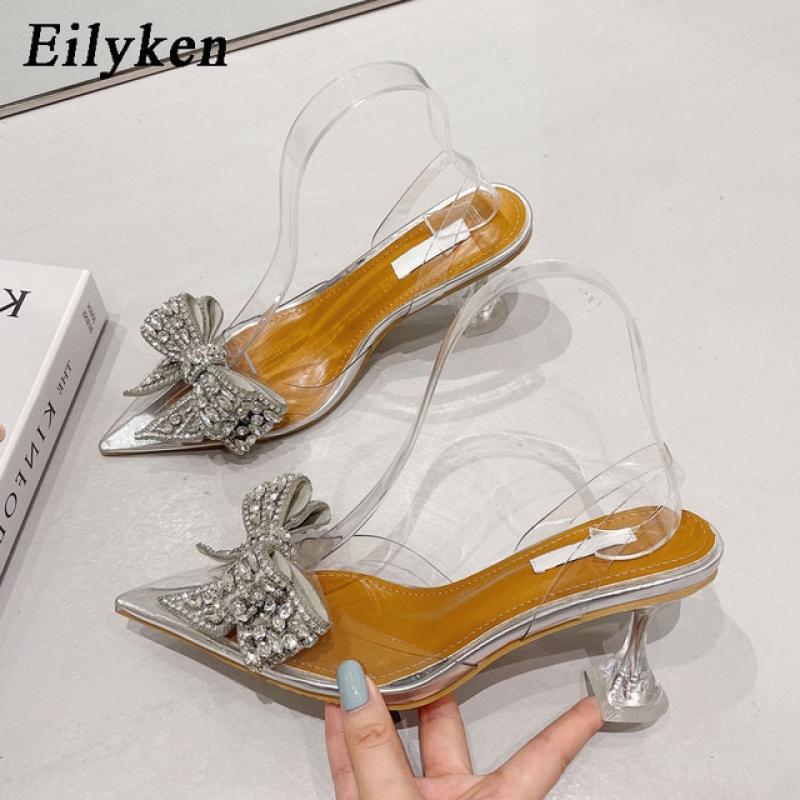 Eilyken 2023 Spring Crystal Sequined Bowknot Silver Women Pumps Low High Heels PVC Transparent Sandals Party Wedding Prom Shoes