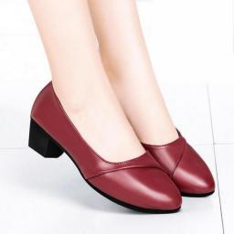 Pofulove Women Mid Heel Shoes Office Lady Pumps PU Leather Black Basic Square Heeled Spring Autumn Loafers Female Zapatos