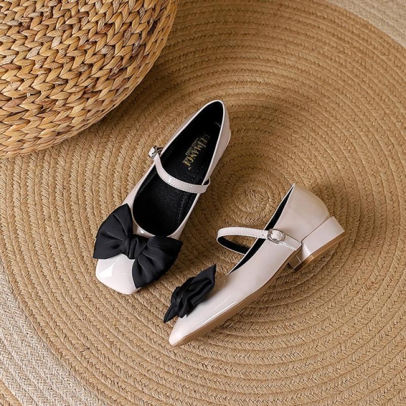 Hot Sale Bow Knot Women's Shoes 2022 Fall College Style Patent Leather Thick Heel Mary Jane Shoes Low Heel Women's Shoes