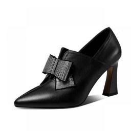 Hot Selling Thick Heeled Leather Shoes For Women Spring And Autumn 2023 New Fashion Rhinestone Bow Pointed Single Shoe For Women