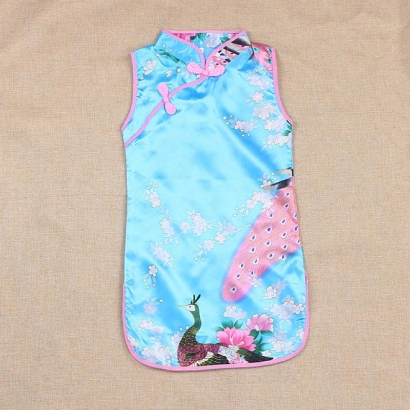 Cheongsam Dress 2Y-8Y Baby Girl Summer Clothes Peacock Sleeveless Slim Traditional Dress Child Girls Clothes Chinese Style Qipao