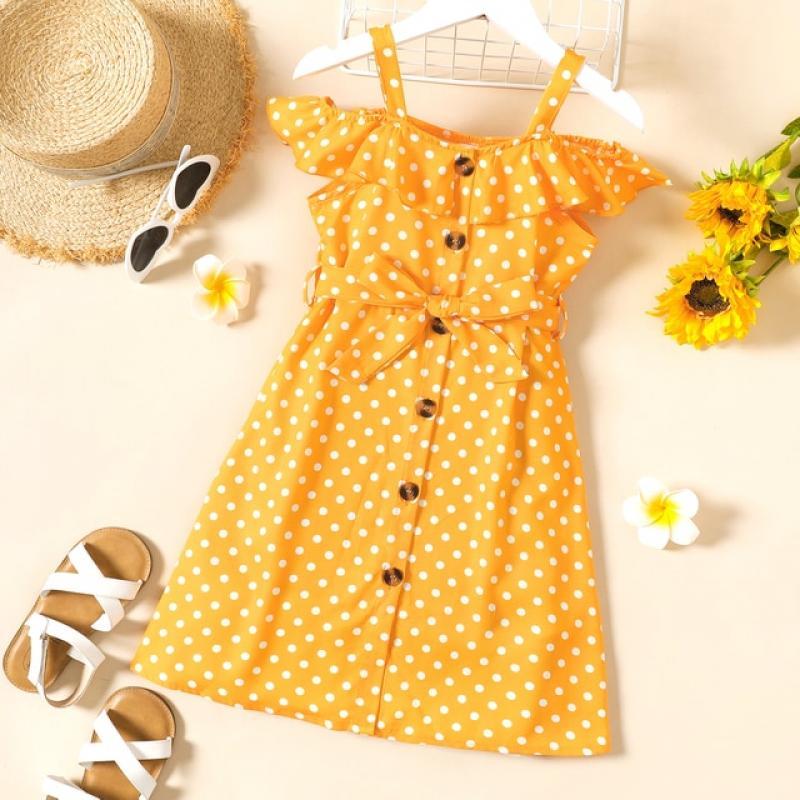 PatPat Kid Girl Polka dots Flounce Off Shoulder Sleeveless Dress