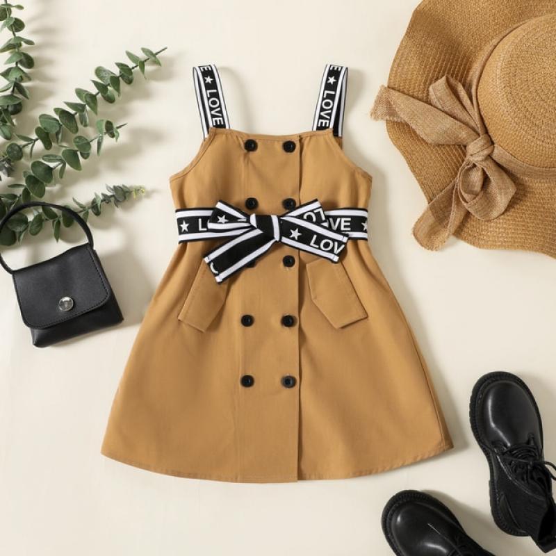 PatPat Toddler Girl Letter Print Button Design Belted Strap Dress