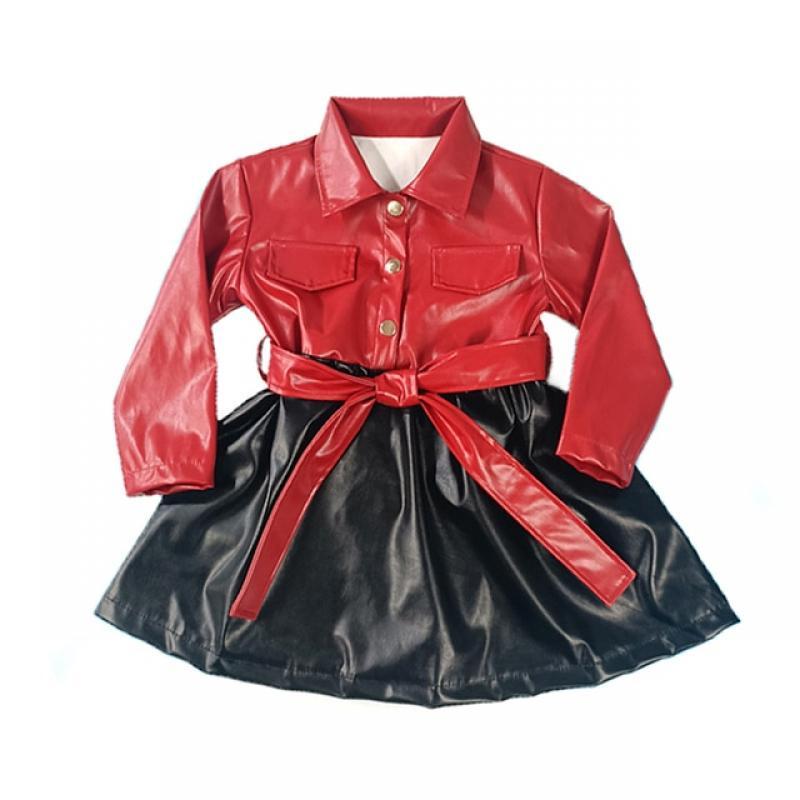 Spring Kids Girls Clothes Long Sleeve PU Patchwork Jacket Dress for Children Fashion Casual Dresses With Belt Outfits 1-8 Years