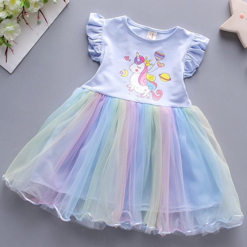 2023 New Girls Clothes Summer Princess Dresses Short Sleeve Cotton Kids Dress Unicorn Party Girls Dresses Children Clothing 3-8Y