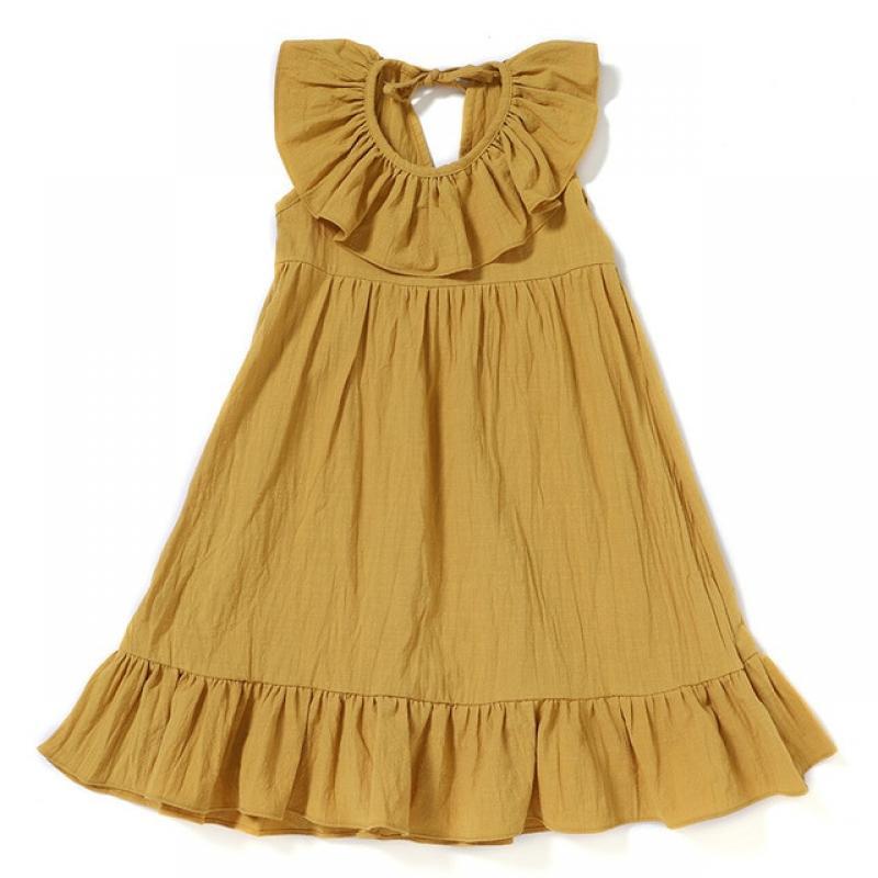 Baby Girls Dress Summer Solid Color Cotton Linen Ruffles A-Line Princess Long Dresses Children Casual Beach Kids Clothes Skirt