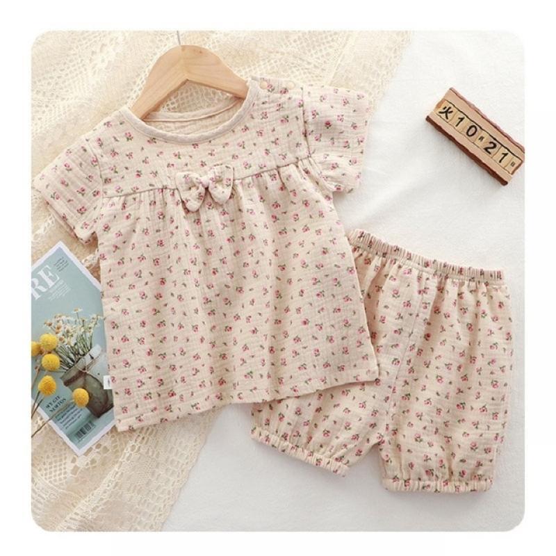 Baby Girls Boys Summer Clothes 100% Cotton Gauze Tees + Shorts Children's 2pcs Set Kids Tank Vest Pijamas Muslin Waffle Leisure