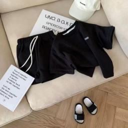 Korean Summer Fashion Children's Casual Waffle Short Sleeve Shorts 2 Piece Set For Kids Boys Girls Set Unisex Baby Clothes 1-8Y