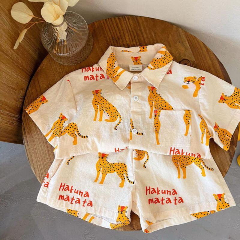 1-5y Summer Cartoon Kids Clothes Boy Cotton and Linen Thin Short-sleeved Shirt + Shorts 2pcs Set Baby Girl Casual Wear Outfit
