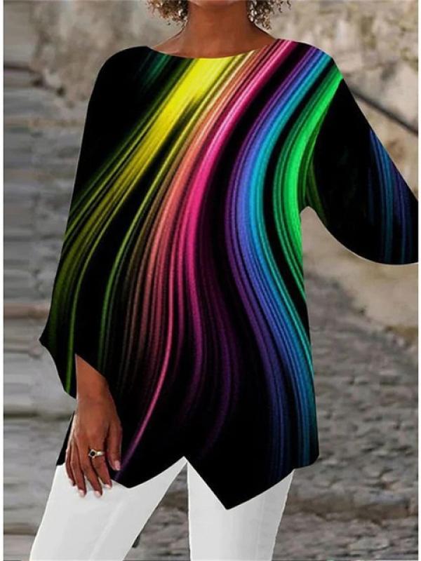 Abstract Geometric Printing Women's Spring and Summer Fashion Casual Loose Round Neck Shirt 3/4 Sleeve Pullover Irregular Tshirt