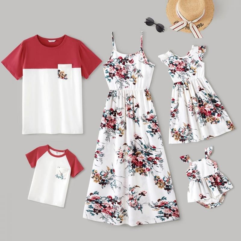 PatPat Family Matching Outfits All Over Floral Print Spaghetti Strap Dresses and Colorblock Short-sleeve T-shirts Sets