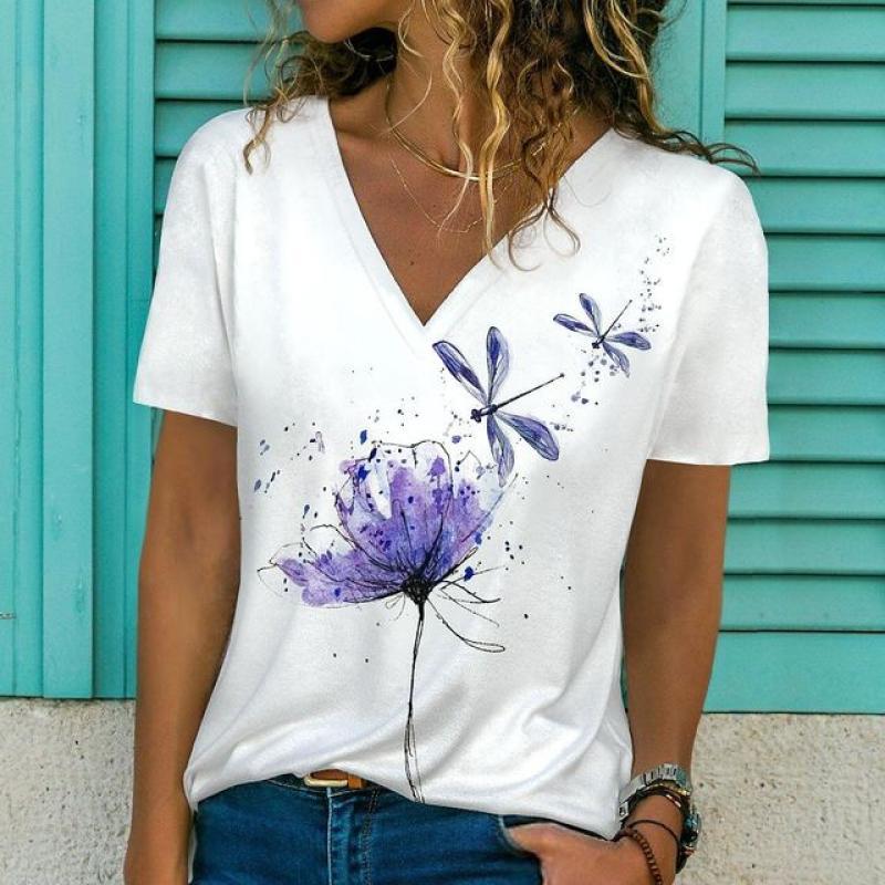 2022 Summer Women's Elegant Printed Painting Short Sleeves V Neck Dragonfly Painting Pullover Loosen and Casual Tops