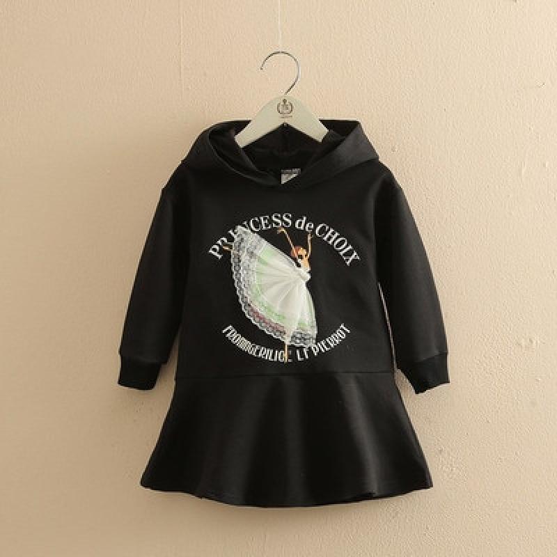 2022 Spring Autumn 2 3 4 6 8 10 Years Children Kids Cartoon Lace Patchwork Letter Long Design Hooded Dress Sweatshirt For Girls