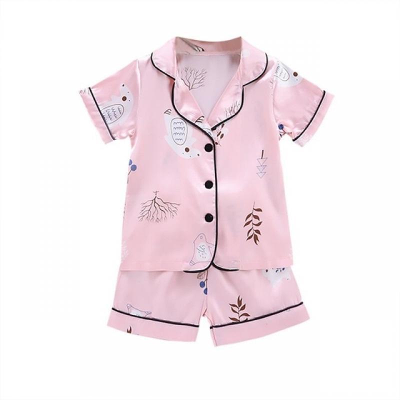 Kids Pajamas Set Leopard Silk Satin Kids Boys Girls Sleepwears Outfits Set Short Sleeve Blouse Tops+Shorts Sleepwear