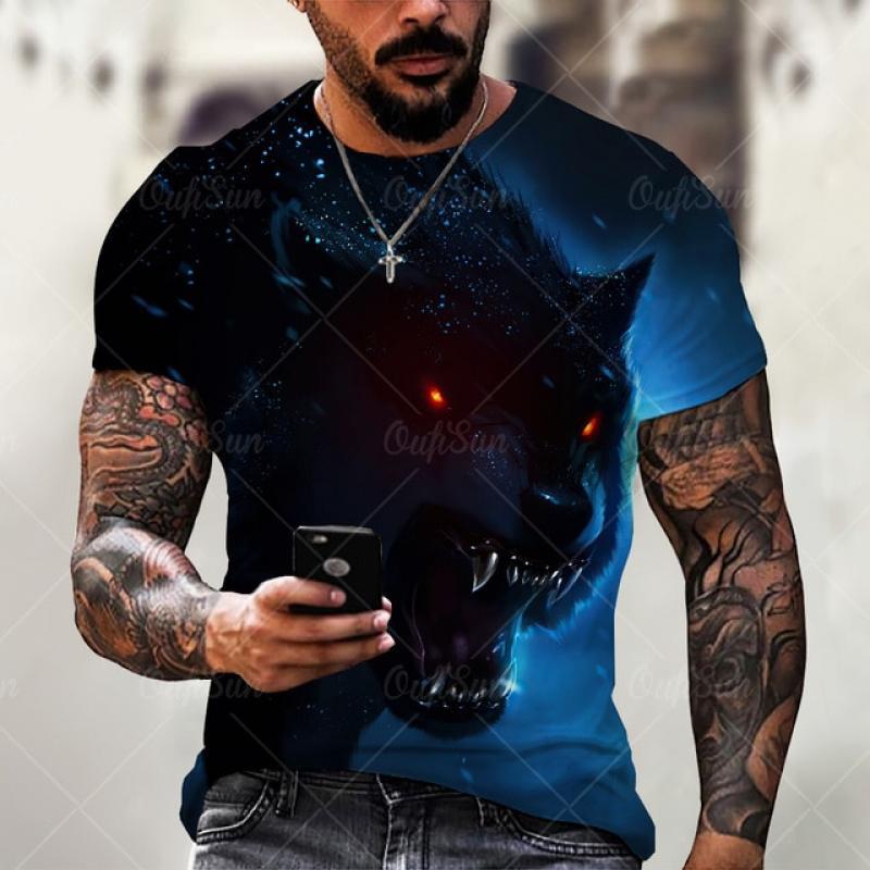 Men's Summer T-Shirt Fierce Animal Wolf Print Fashion Street Trend Personality Comfortable Harajuku Casual Loose Oversized Tops