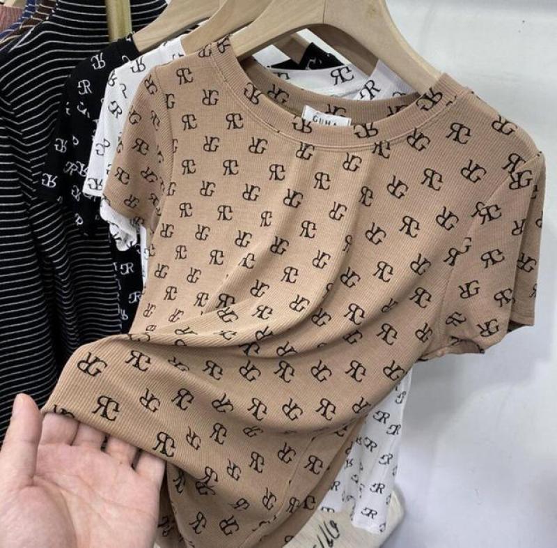 Summer Korean Version New Wild Thin Ladies Casual Retro Printing Short sleeve Short Slim Bottoming Tops