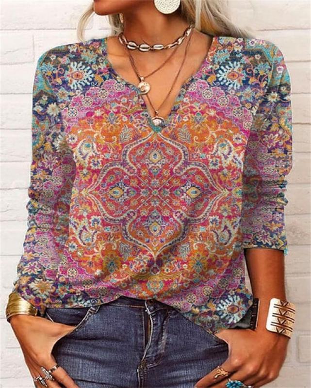 Loose Tops Vintage Print V Neck T-Shirt Women Autumn Winter Casual Elegant Bottoming Shirt Female Streetwear Long Sleeves Tees