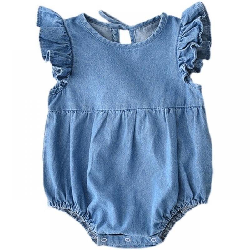 Baby Girls Fashion denim Romper summer Lace Sleeve Romper soft Jumpsuit Infant Summer Clothes