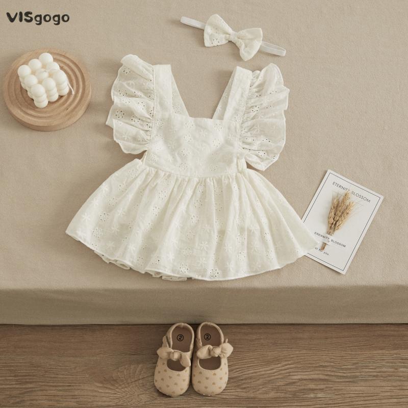 VISgogo Newborn Baby Girl Romper Dress Solid Color Ruffles Sleeve Flower Romper Headband 2Pcs Outfits Summer Clothes Set