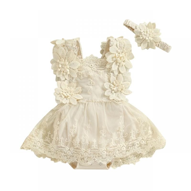 VISgogo Baby Girls Romper Dress Summer Sleeveless Square Neck Floral Lace Embroidery Party Princess Bodysuit Headband Outfit