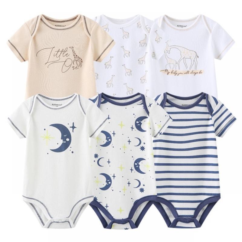 2023 Newborn Baby Girl Clothes 6Pieces Bodysuits Solid Color Cotton Baby Boy Clothes Set Cartoon Short Sleeve Bebes