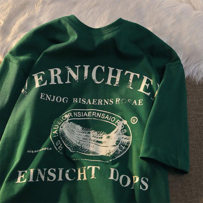 American vintage creative ship print short sleeved t-shirts men and women ins summer new loose casual fashion couple dress top